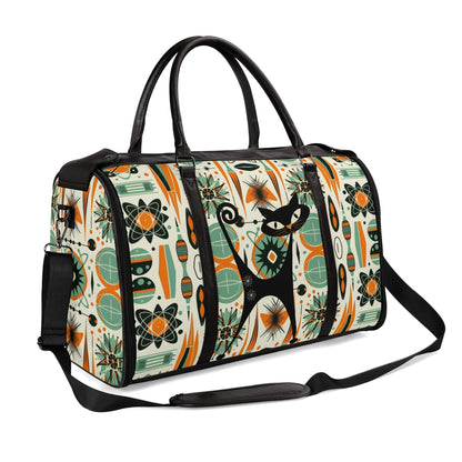 Atomic Space Cat, Mid Century Modern Space Age Duffle Bag Foldable Travel Bag - Mid Century Modern Gal