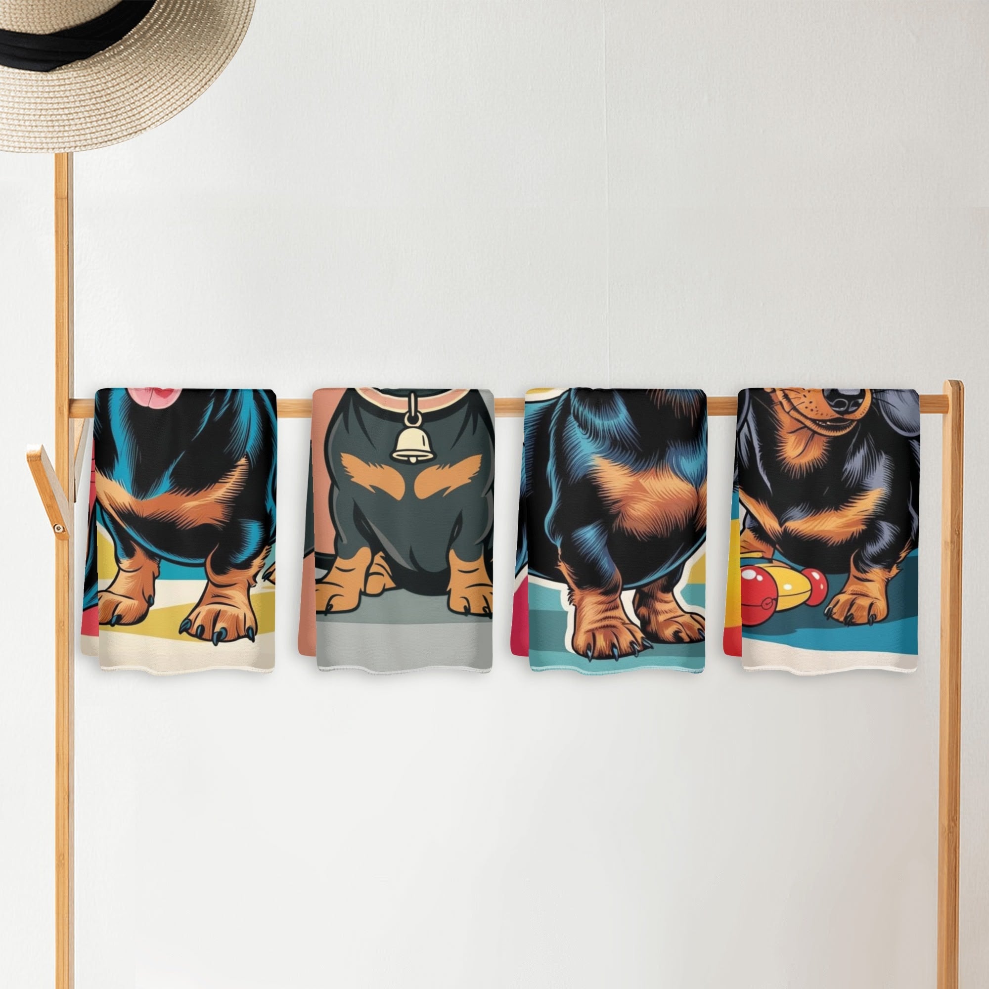 Dachshund Weiner Dog,  Retro Doxie Lover, Kitchen Bath Hand Towels - Mid Century Modern Gal