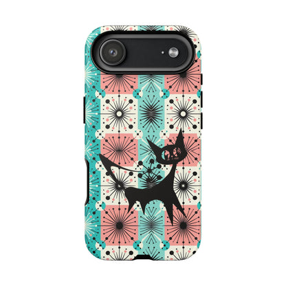 Atomic Kitschy Cat, Mid Century Modern Pink, Aqua Starbursts Tough Phone Case