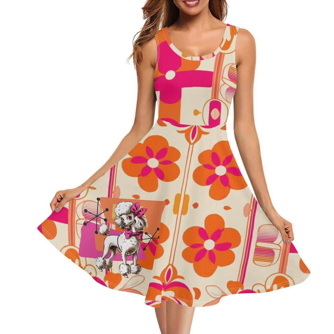 50s Poodle Dress With A Retro Twist, Hot Pink, Orange Womens Tank Dress Midi Wrap Round Neck Sleeveless Sundress - Mid Century Modern Gal