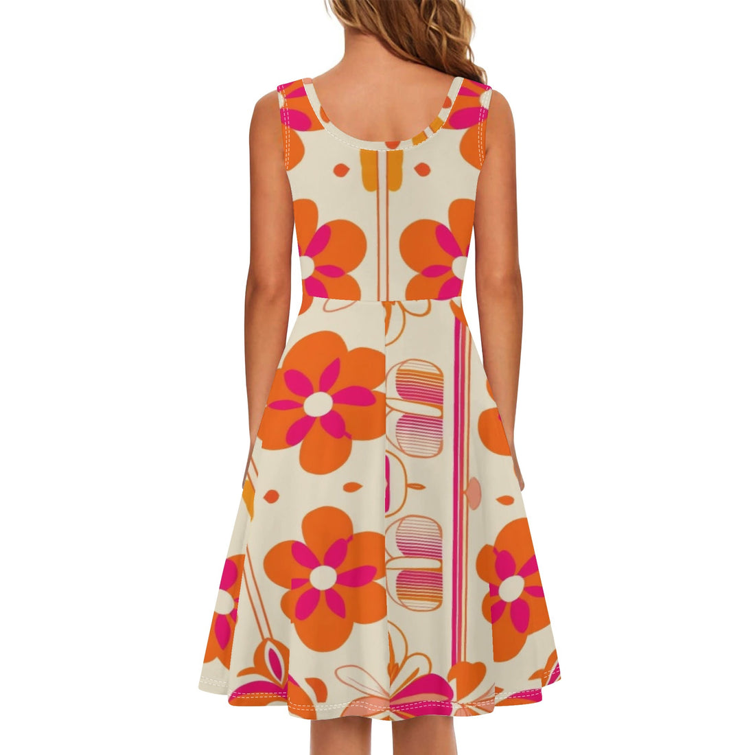 50s Poodle Dress With A Retro Twist, Hot Pink, Orange Womens Tank Dress Midi Wrap Round Neck Sleeveless Sundress - Mid Century Modern Gal