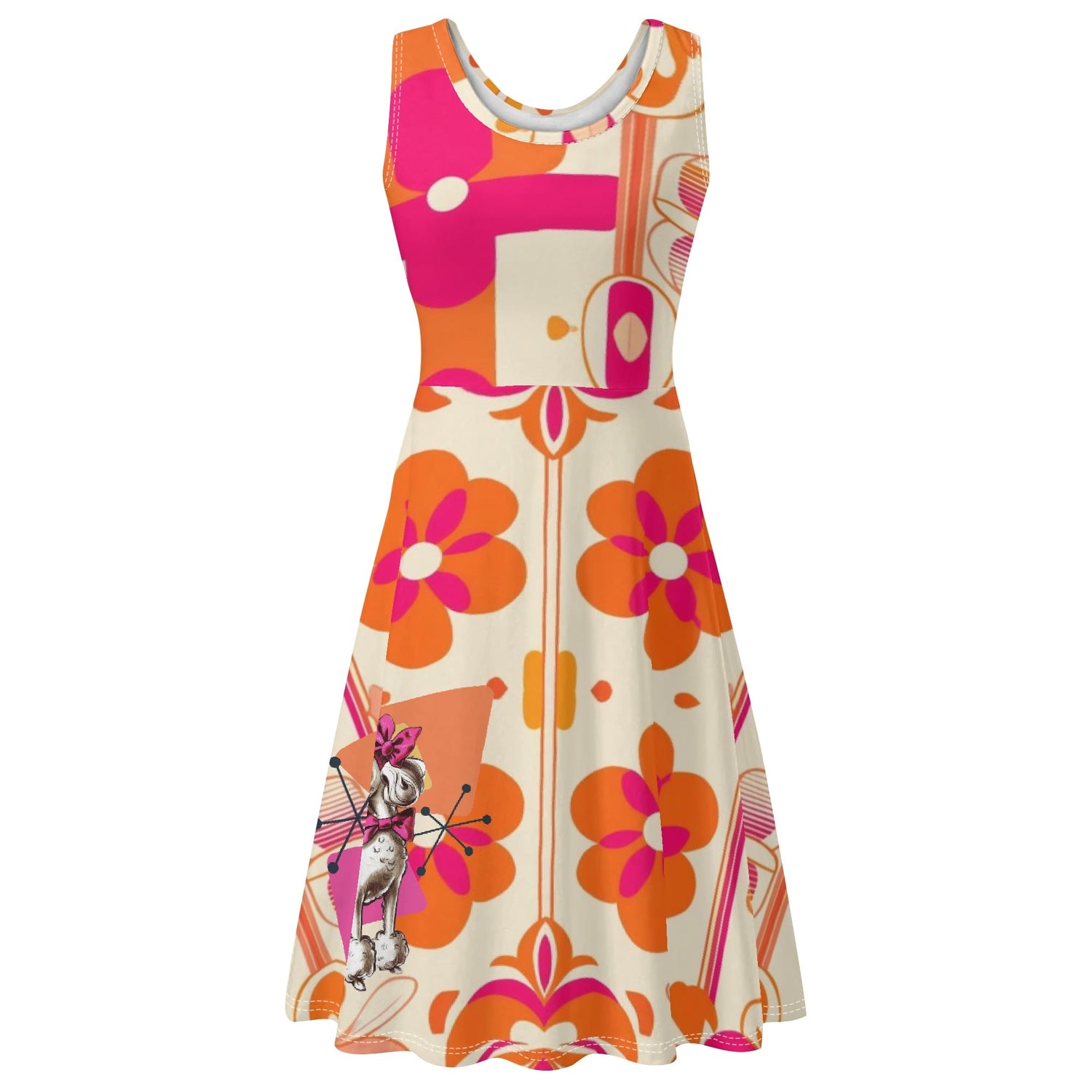 50s Poodle Dress With A Retro Twist, Hot Pink, Orange Womens Tank Dress Midi Wrap Round Neck Sleeveless Sundress - Mid Century Modern Gal