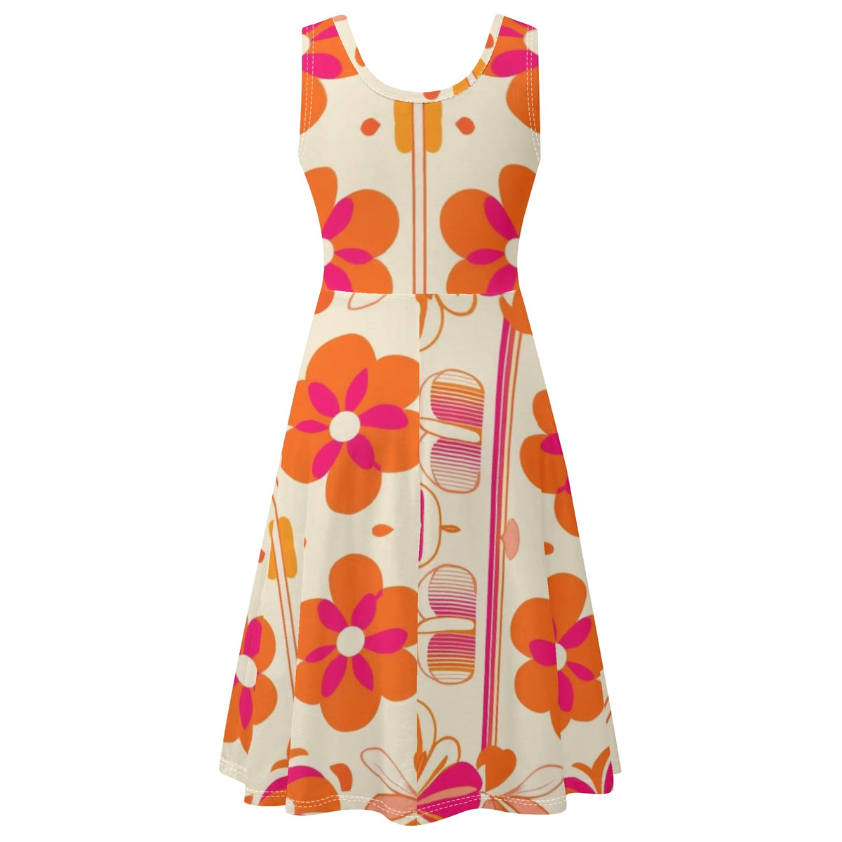 50s Poodle Dress With A Retro Twist, Hot Pink, Orange Womens Tank Dress Midi Wrap Round Neck Sleeveless Sundress - Mid Century Modern Gal