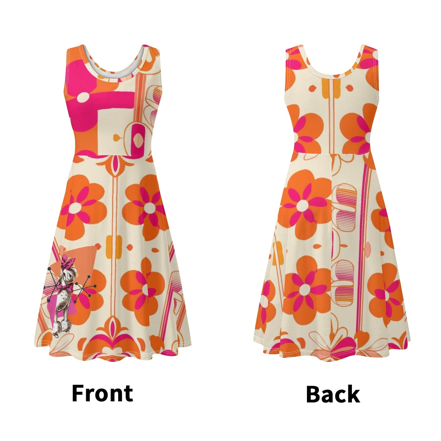 50s Poodle Dress With A Retro Twist, Hot Pink, Orange Womens Tank Dress Midi Wrap Round Neck Sleeveless Sundress - Mid Century Modern Gal