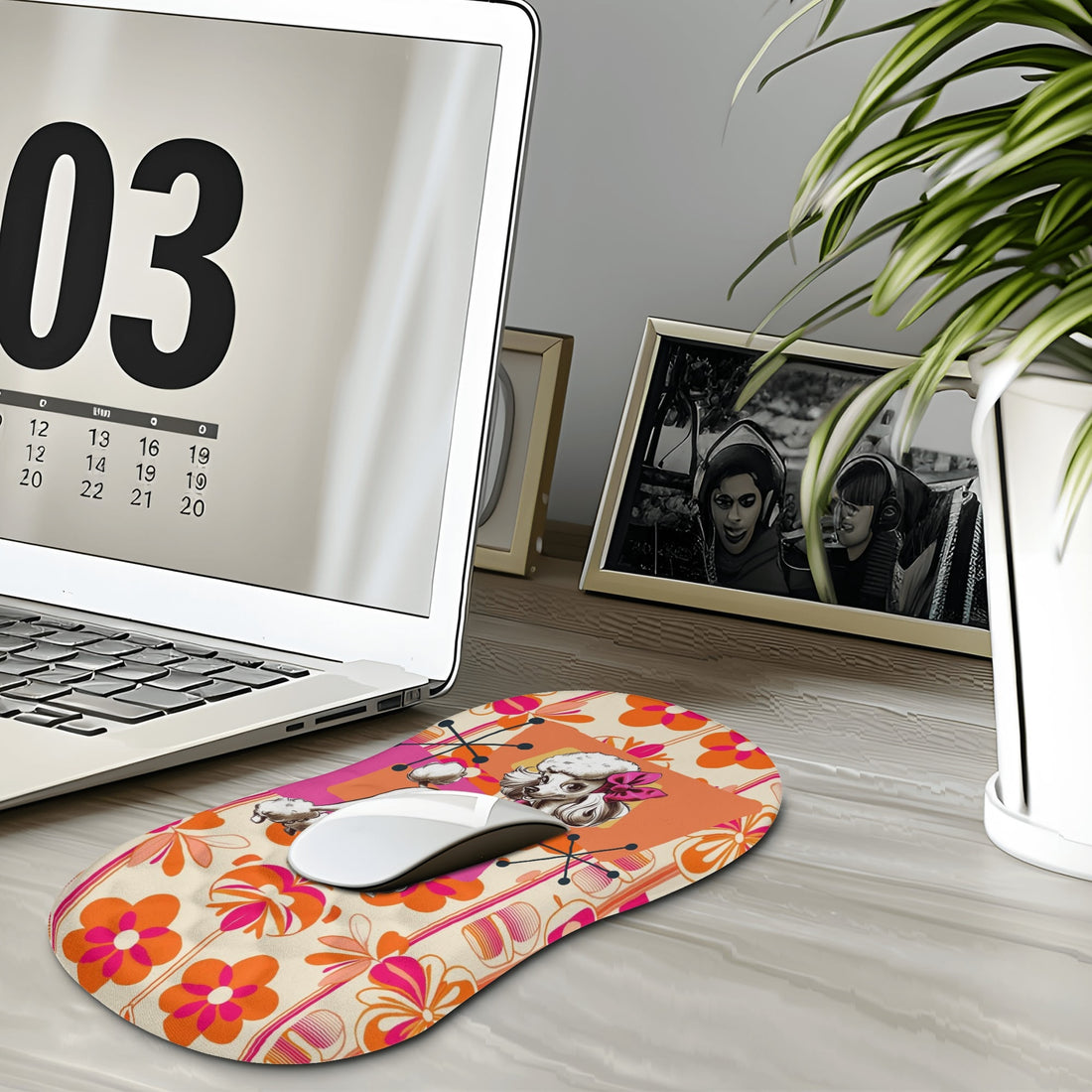 Mid Mod Kitschy Poodle, Hot Pink Orange, Retro MCM Floral Comfortable Mouse Pad Wrist Support Wrist Rest for Office &amp; Home - Mid Century Modern Gal