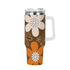 Retro 70s Flower Power, Brown, Orange Pink, Groovy Mod 40oz Stainless Steel Tumbler Gift With White Handle and Straw - Mid Century Modern Gal