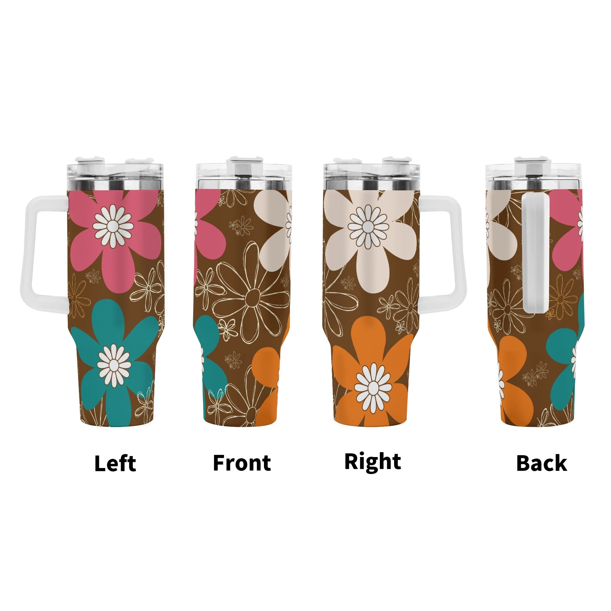 Retro 70s Flower Power, Brown, Orange Pink, Groovy Mod 40oz Stainless Steel Tumbler Gift With White Handle and Straw - Mid Century Modern Gal