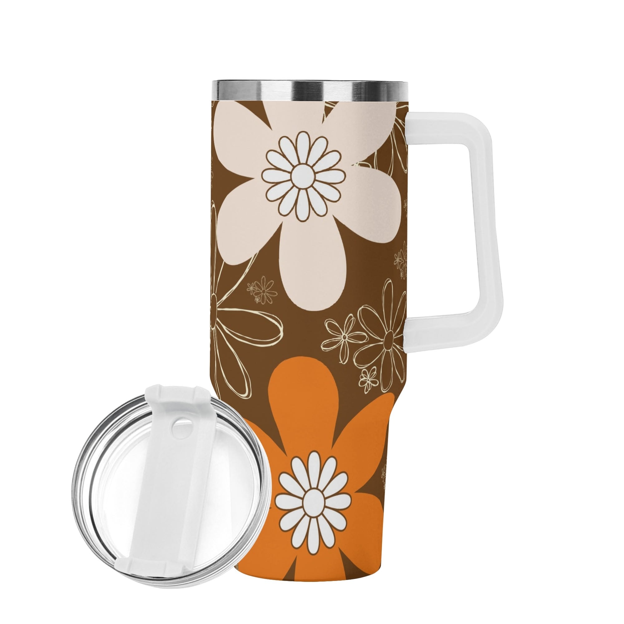 Retro 70s Flower Power, Brown, Orange Pink, Groovy Mod 40oz Stainless Steel Tumbler Gift With White Handle and Straw - Mid Century Modern Gal