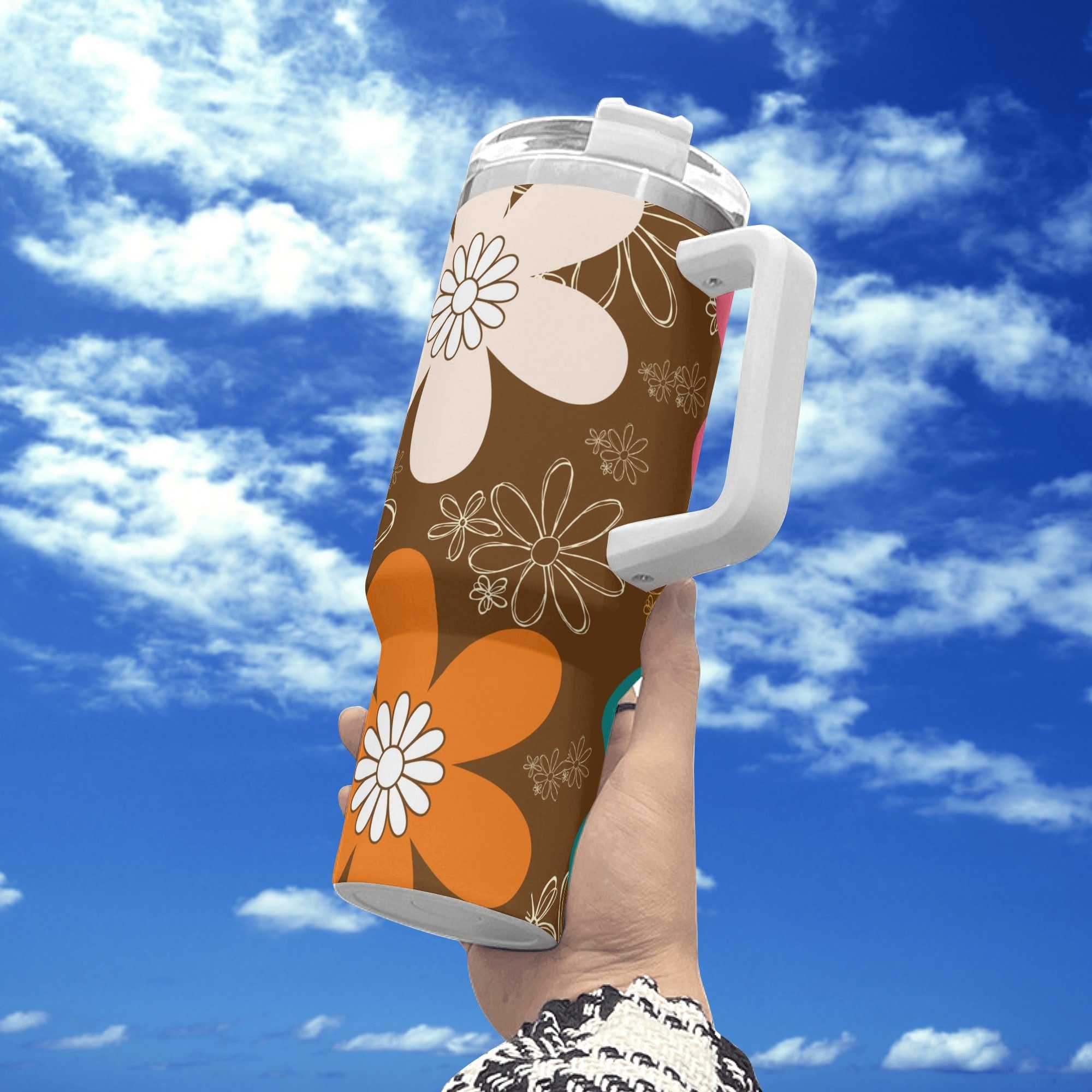 Retro 70s Flower Power, Brown, Orange Pink, Groovy Mod 40oz Stainless Steel Tumbler Gift With White Handle and Straw - Mid Century Modern Gal