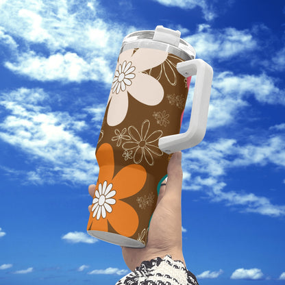 Retro 70s Flower Power, Brown, Orange Pink, Groovy Mod 40oz Stainless Steel Tumbler Gift With White Handle and Straw - Mid Century Modern Gal