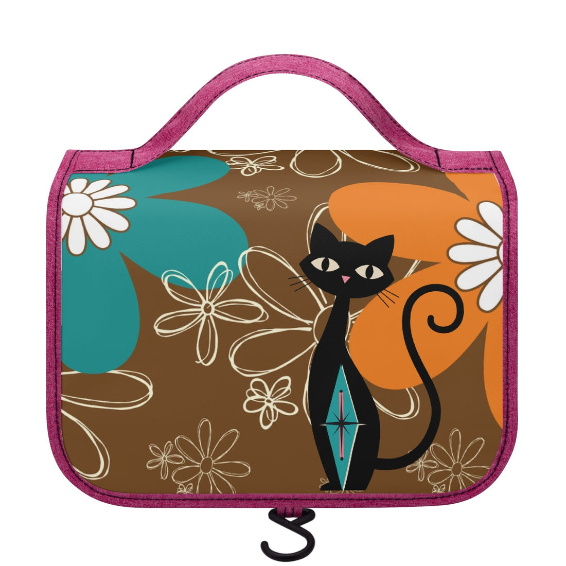Retro Flower Power Groovy Mod Atomic Cats, Brown Orange, Teal Mod Daisy Toiletry Cosmetic Travel Bag - Mid Century Modern Gal