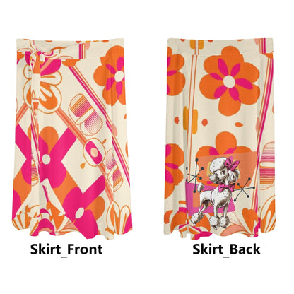 Retro Summer Vibes, Hot Pink, Orange, Poodle Kitsch Womens Swimsuit Cover Up Ruffle Tie Side Beach Sarong Wrap Maxi Skirt - Mid Century Modern Gal
