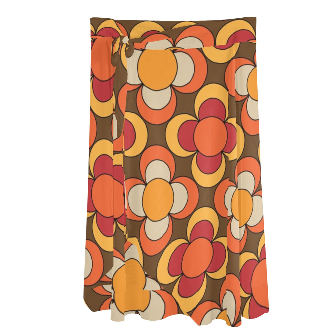 Retro Summer 70s Vibe, Brown Orange Yellow Floral Womens Swimsuit Cover Up Ruffle Tie Side Beach Sarong Wrap Maxi Skirt - Mid Century Modern Gal