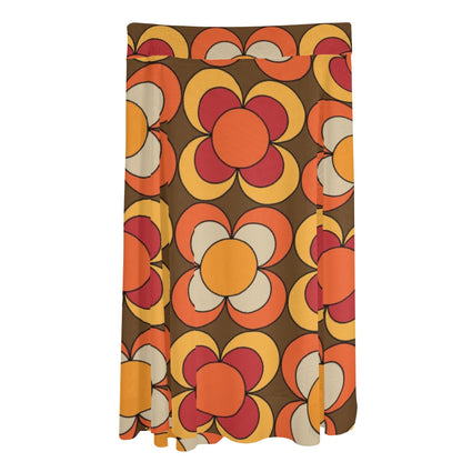 Retro Summer 70s Vibe, Brown Orange Yellow Floral Womens Swimsuit Cover Up Ruffle Tie Side Beach Sarong Wrap Maxi Skirt - Mid Century Modern Gal