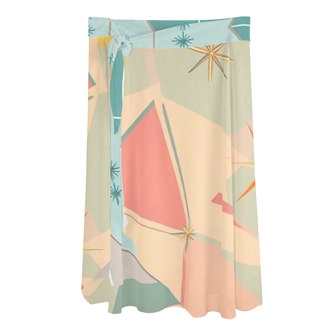 Atomic Retro Summer Vibes, Starbursts Diamonds Womens Swimsuit Cover Up Ruffle Tie Side Beach Sarong Wrap Maxi Skirt - Mid Century Modern Gal