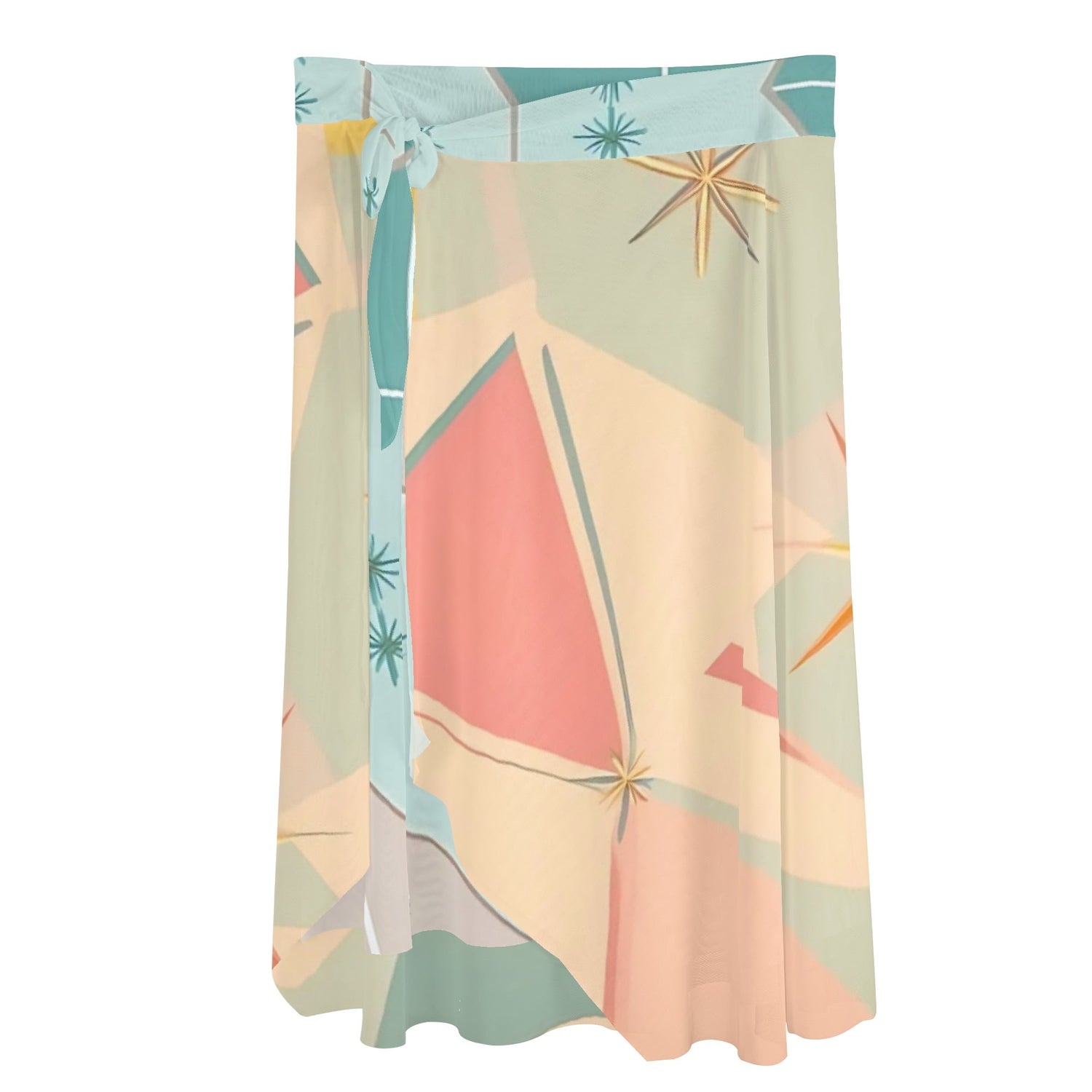 Atomic Retro Summer Vibes, Starbursts Diamonds Womens Swimsuit Cover Up Ruffle Tie Side Beach Sarong Wrap Maxi Skirt - Mid Century Modern Gal