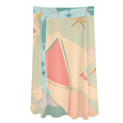 Atomic Retro Summer Vibes, Starbursts Diamonds Womens Swimsuit Cover Up Ruffle Tie Side Beach Sarong Wrap Maxi Skirt - Mid Century Modern Gal