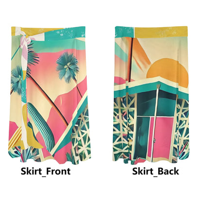 Palm Spring California Dreaming, Mid Mod Womens Swimsuit Cover Up Ruffle Tie Side Beach Sarong Wrap Maxi Skirt - Mid Century Modern Gal