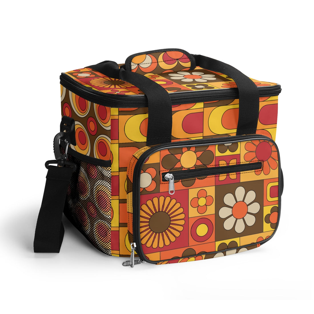 Retro Hipster Mid Mod Flower Power Brown Orange Yellow Groovy Mod 70s Designed, Mod Beach, Pool Cooler Bag - Mid Century Modern Gal