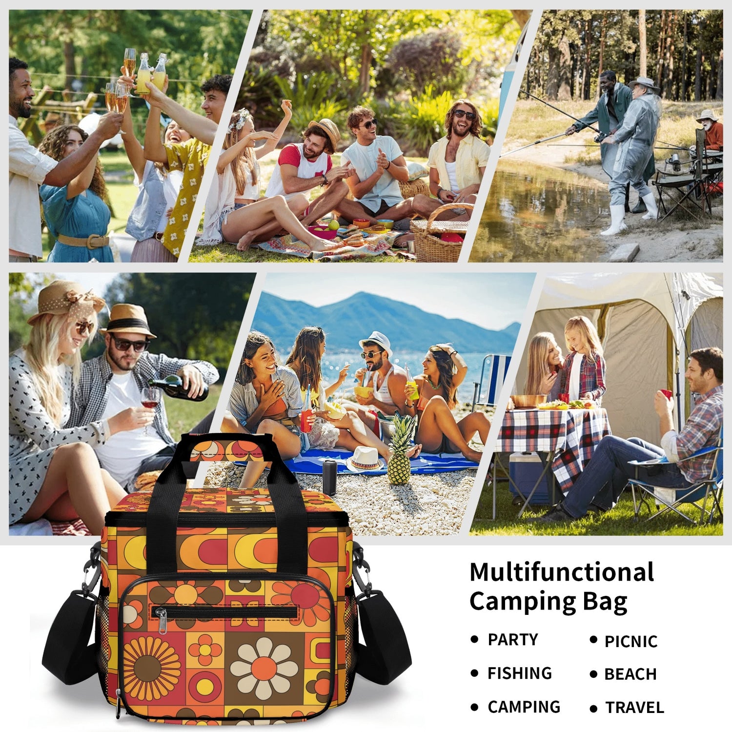 Retro Hipster Mid Mod Flower Power Brown Orange Yellow Groovy Mod 70s Designed, Mod Beach, Pool Cooler Bag - Mid Century Modern Gal