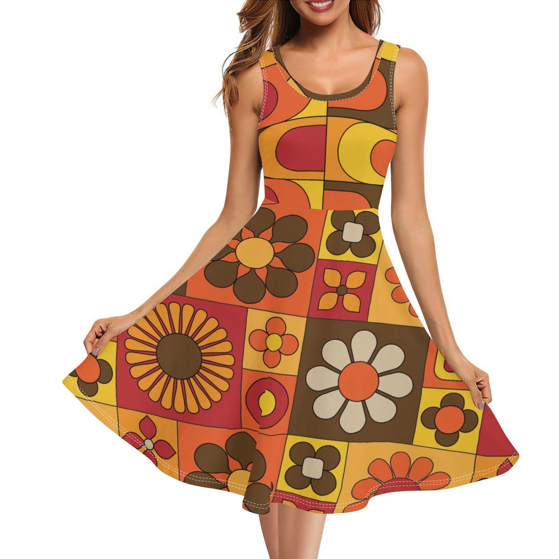Retro Flower Power, Flower Child Of The 70s Brown Orange Yellow Hipster Womens Tank Dress Midi Wrap Round Neck Sleeveless Sundress - Mid Century Modern Gal