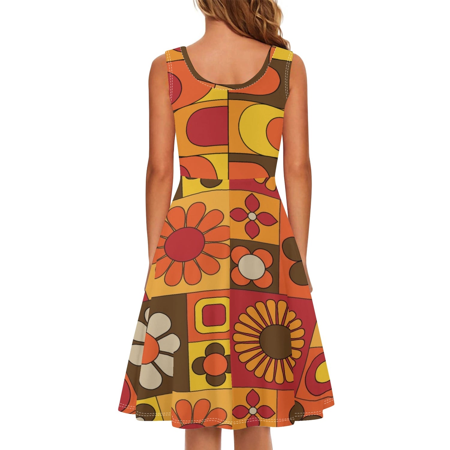 Retro Flower Power, Flower Child Of The 70s Brown Orange Yellow Hipster Womens Tank Dress Midi Wrap Round Neck Sleeveless Sundress - Mid Century Modern Gal