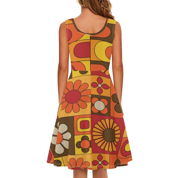 Retro Flower Power, Flower Child Of The 70s Brown Orange Yellow Hipster Womens Tank Dress Midi Wrap Round Neck Sleeveless Sundress