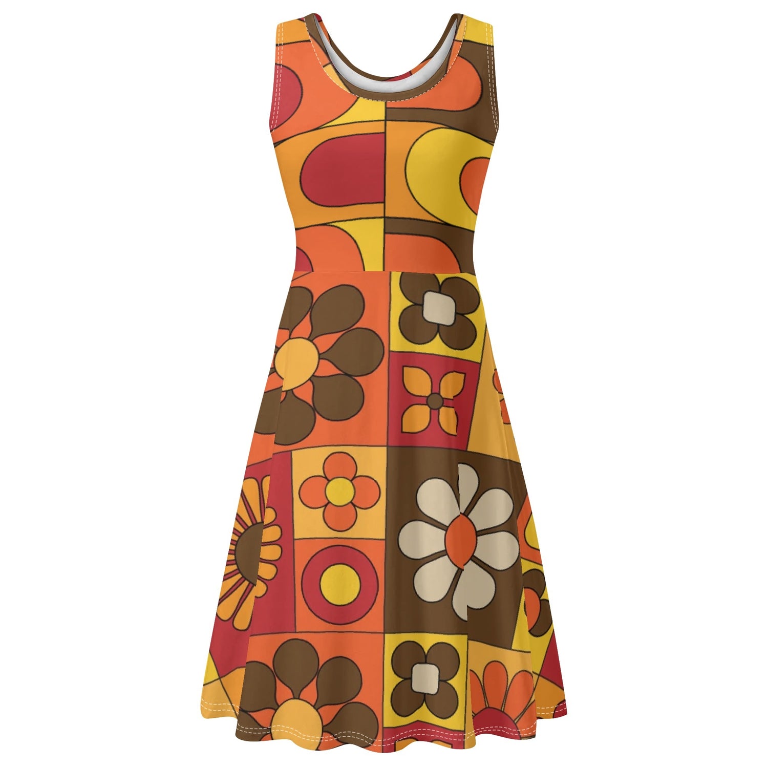 Retro Flower Power, Flower Child Of The 70s Brown Orange Yellow Hipster Womens Tank Dress Midi Wrap Round Neck Sleeveless Sundress - Mid Century Modern Gal