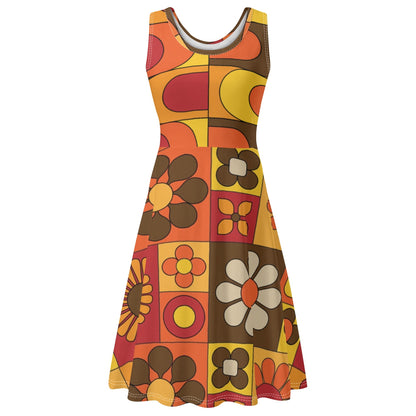 Retro Flower Power, Flower Child Of The 70s Brown Orange Yellow Hipster Womens Tank Dress Midi Wrap Round Neck Sleeveless Sundress - Mid Century Modern Gal