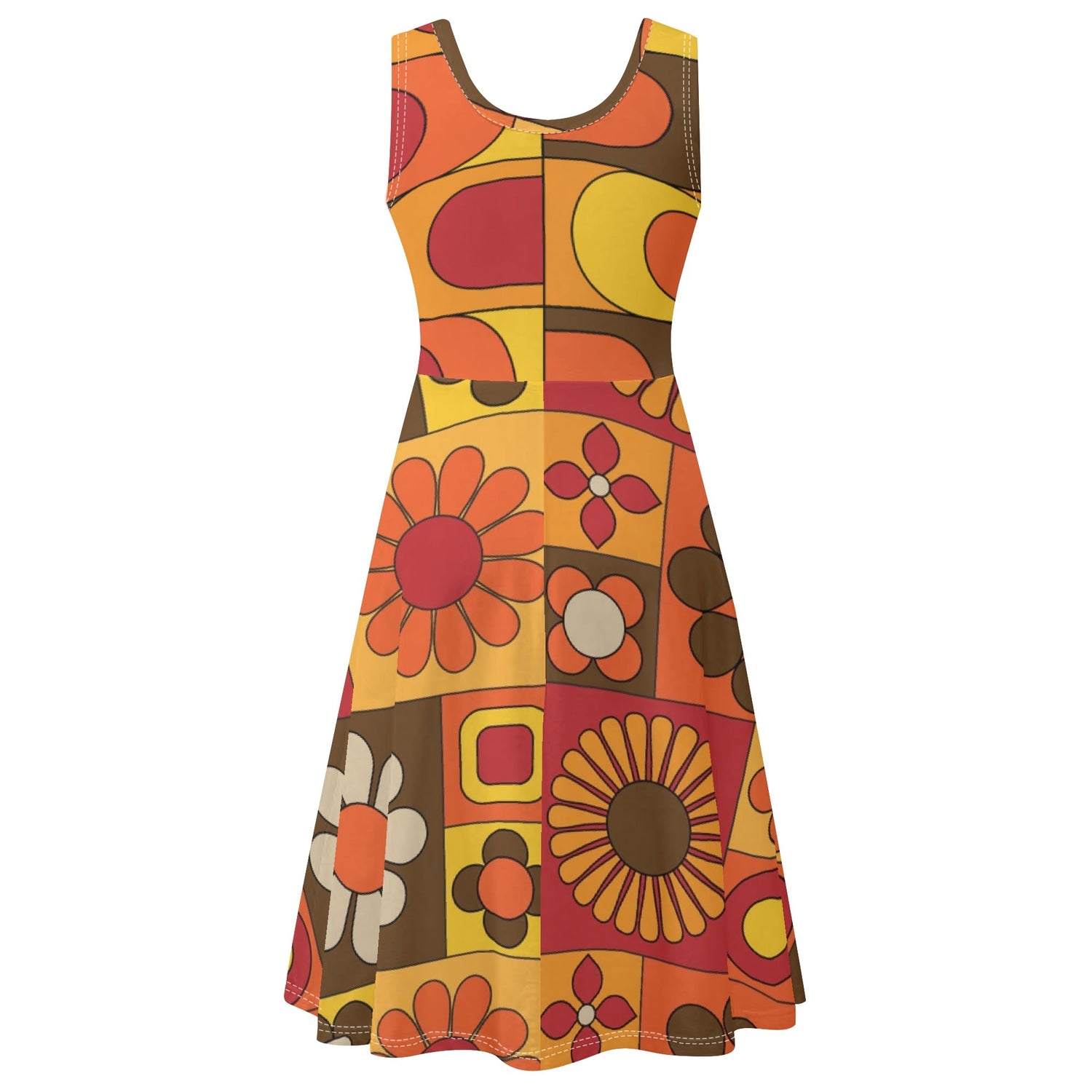 Retro Flower Power, Flower Child Of The 70s Brown Orange Yellow Hipster Womens Tank Dress Midi Wrap Round Neck Sleeveless Sundress - Mid Century Modern Gal