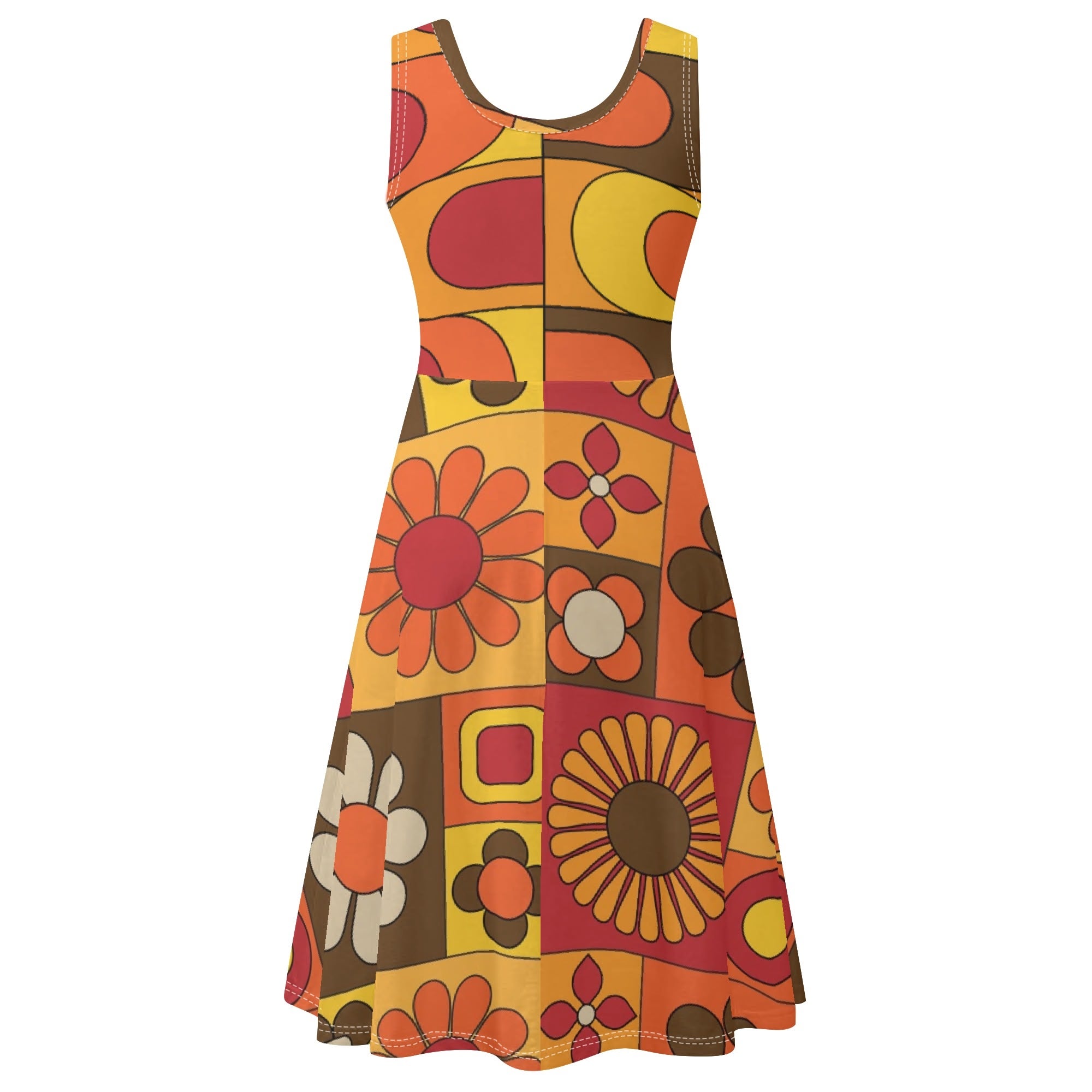 Retro Flower Power, Flower Child Of The 70s Brown Orange Yellow Hipster Womens Tank Dress Midi Wrap Round Neck Sleeveless Sundress - Mid Century Modern Gal