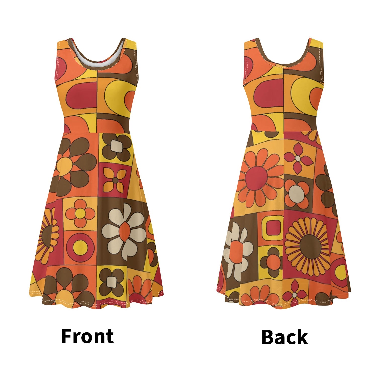Retro Flower Power, Flower Child Of The 70s Brown Orange Yellow Hipster Womens Tank Dress Midi Wrap Round Neck Sleeveless Sundress - Mid Century Modern Gal