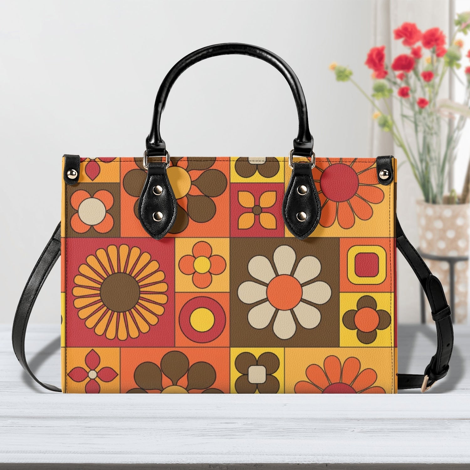 Retro 70s Summer Vibes Flower Power Hipster Funky Fun Handbag, Shoulder Bag - Mid Century Modern Gal