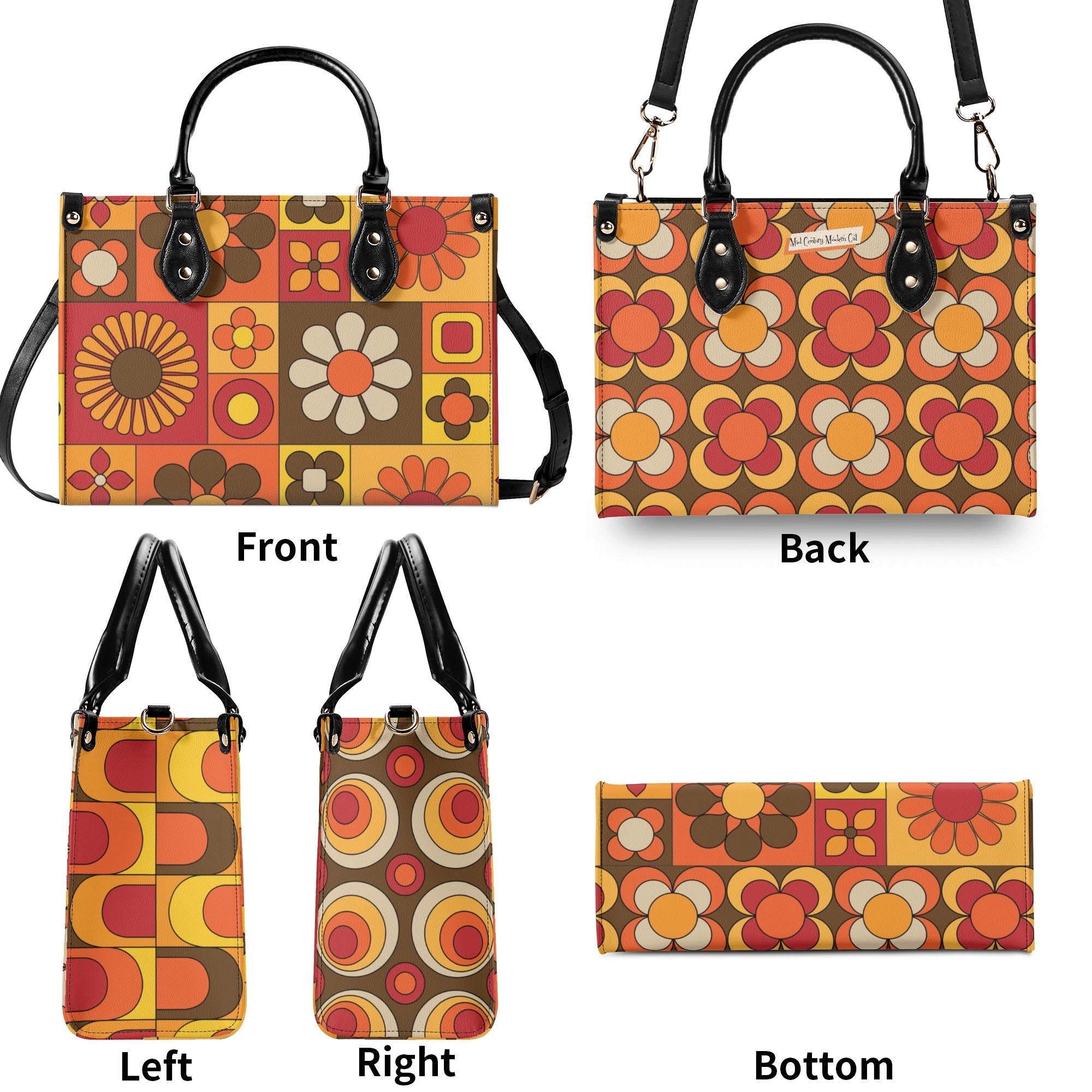Retro 70s Summer Vibes Flower Power Hipster Funky Fun Handbag, Shoulder Bag - Mid Century Modern Gal