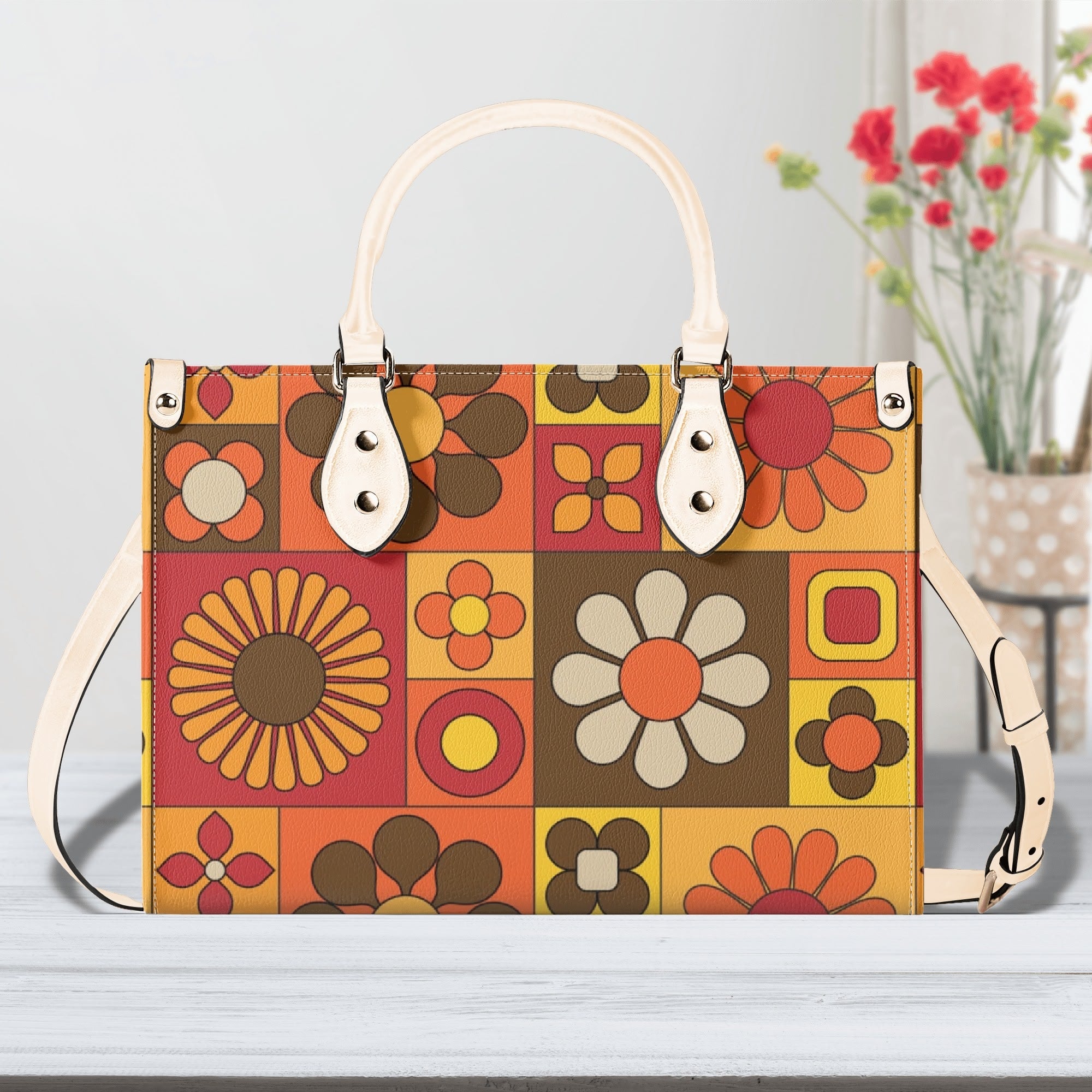 Retro 70s Summer Vibes Flower Power Hipster Funky Fun Handbag, Shoulder Bag - Mid Century Modern Gal