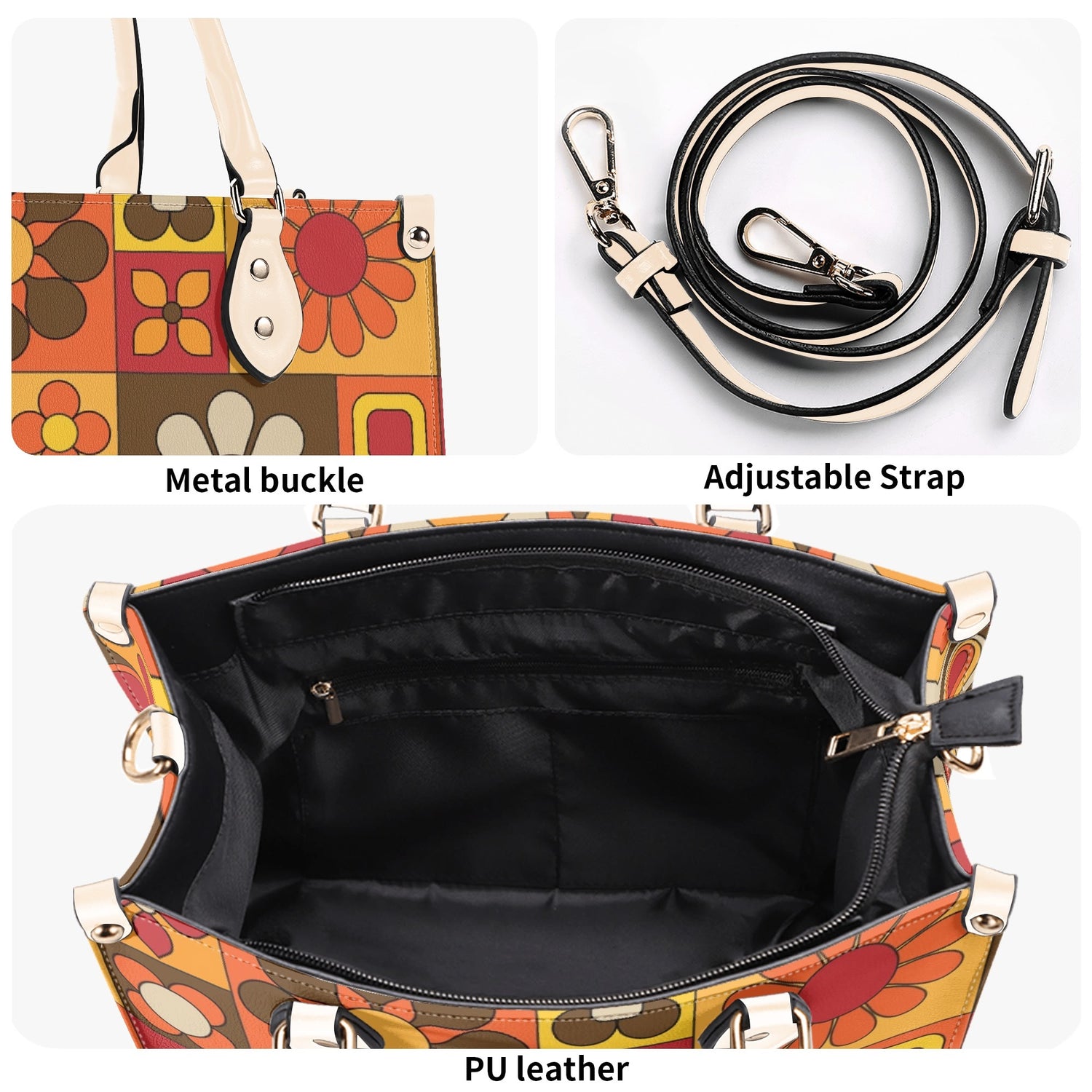 Retro 70s Summer Vibes Flower Power Hipster Funky Fun Handbag, Shoulder Bag - Mid Century Modern Gal