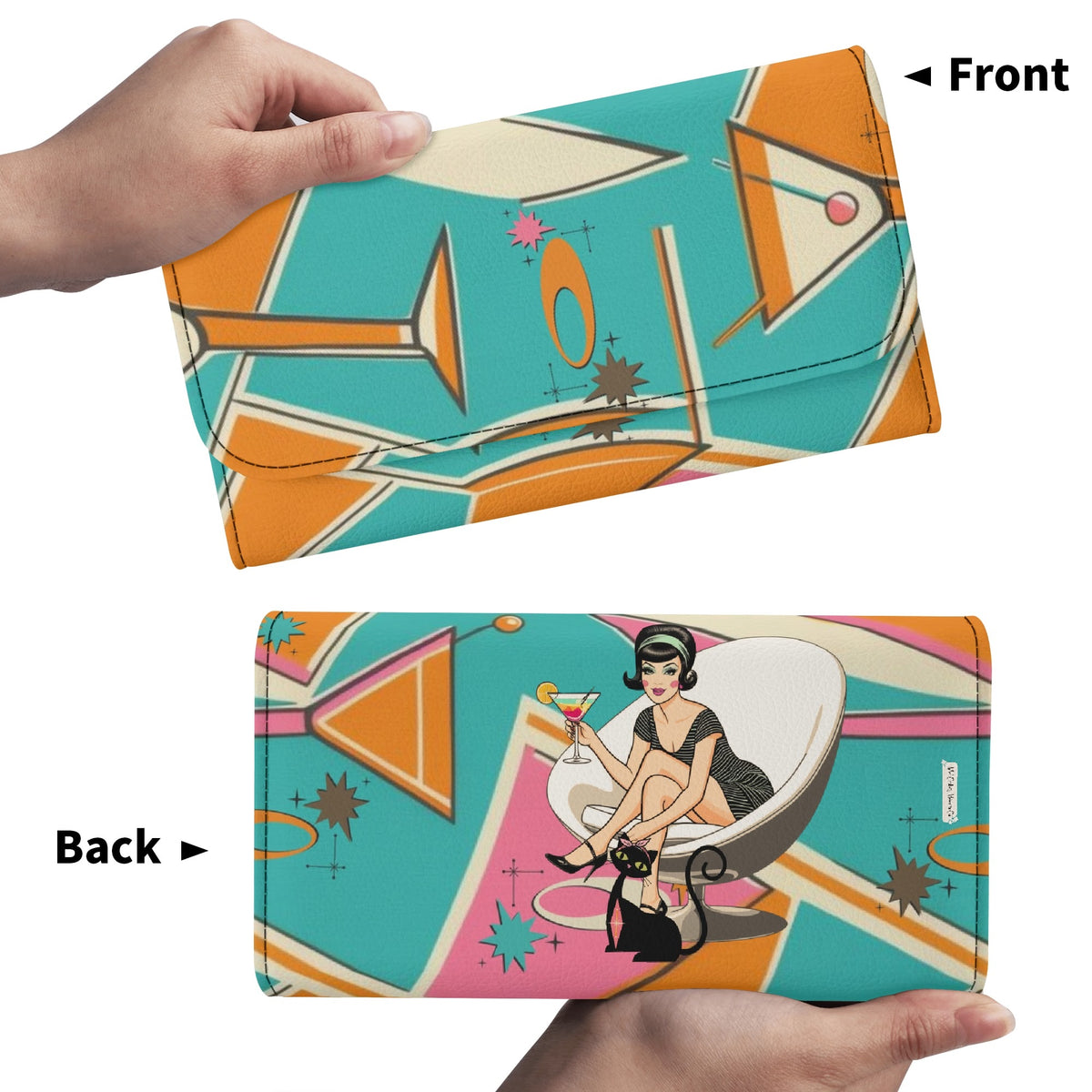 Atomic Cocktail Hour, Mid Mod Gal Kitschy Fun Trifold Wallet - Mid Century Modern Gal