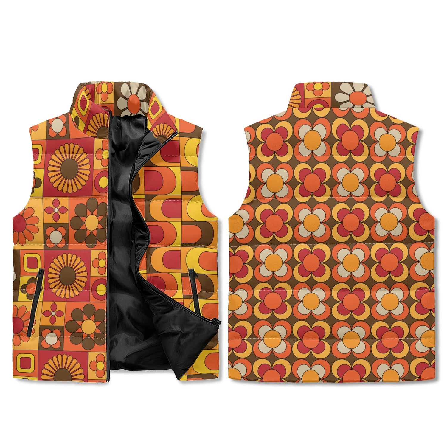 Mid Mod Retro 70s Groovy Patchwork Pattern, Flower Power Hip, Fun And Funky Puffer Vest - Mid Century Modern Gal