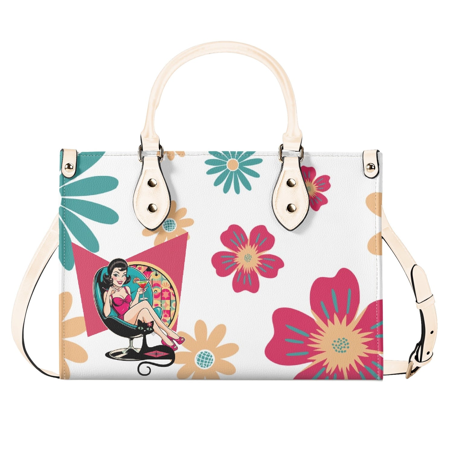 Mid Century Modern Gal Signature Atomic Cat,  Floral Spring Summer Handbag, Shoulder Bag - Mid Century Modern Gal