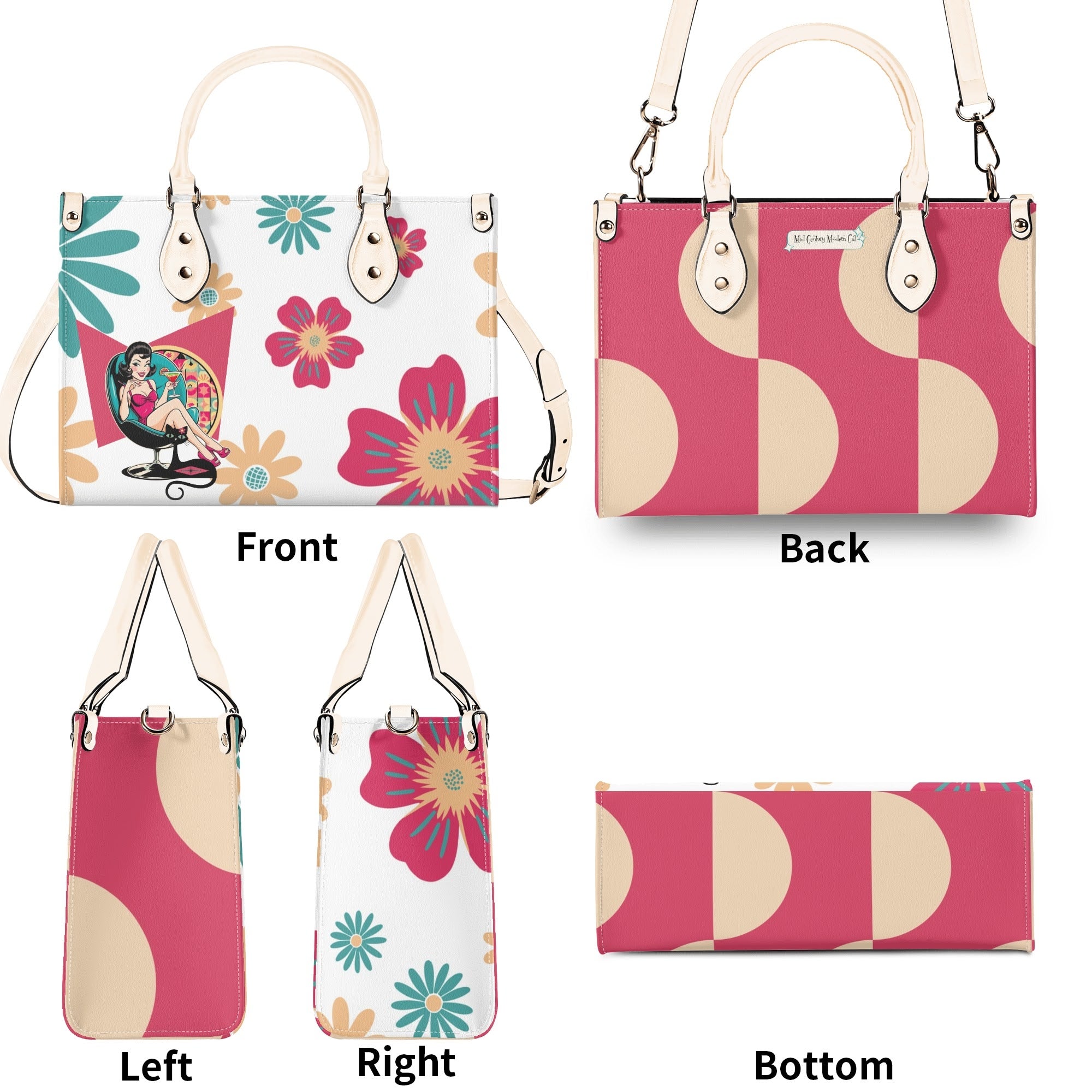 Mid Century Modern Gal Signature Atomic Cat,  Floral Spring Summer Handbag, Shoulder Bag - Mid Century Modern Gal