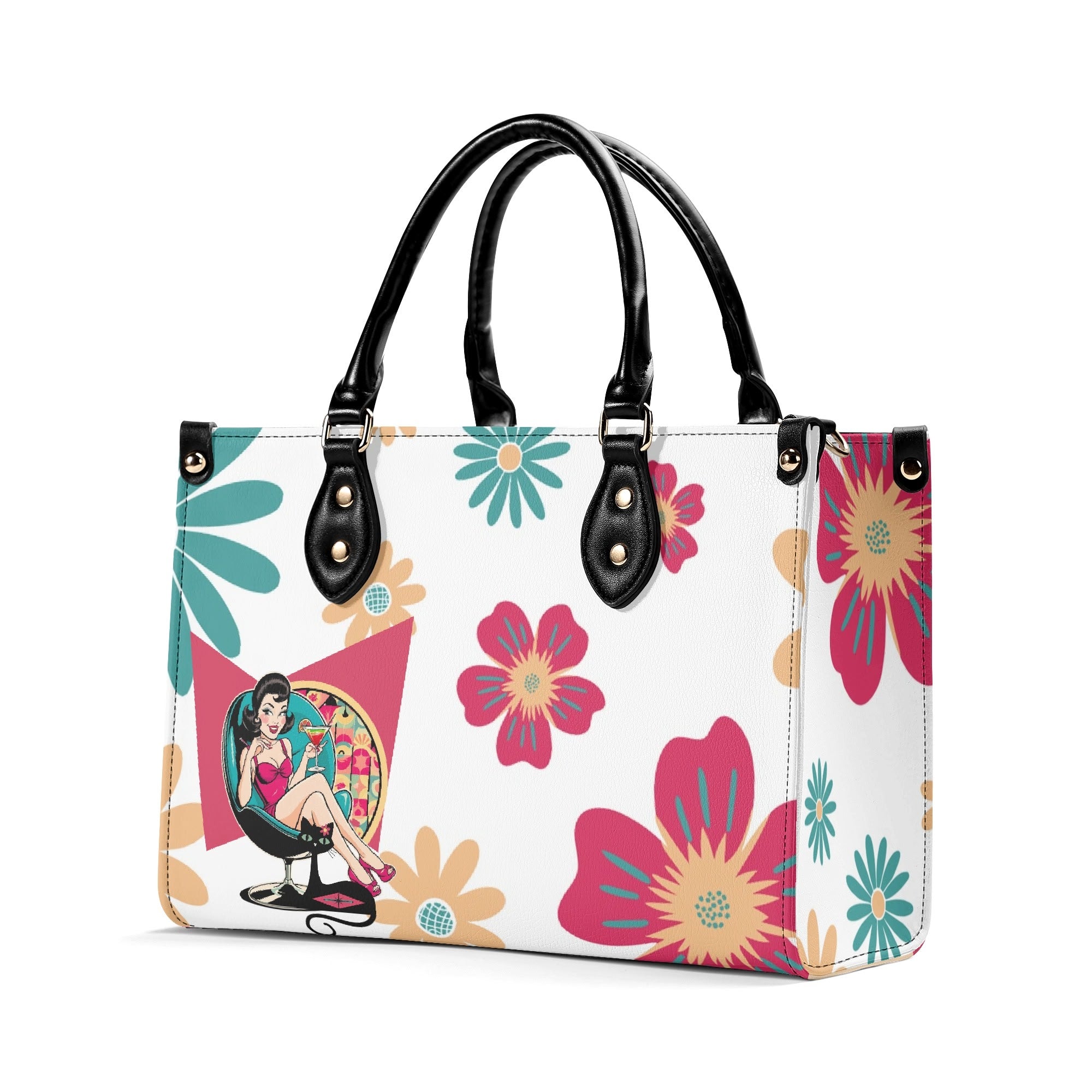 Mid Century Modern Gal Signature Atomic Cat,  Floral Spring Summer Handbag, Shoulder Bag - Mid Century Modern Gal