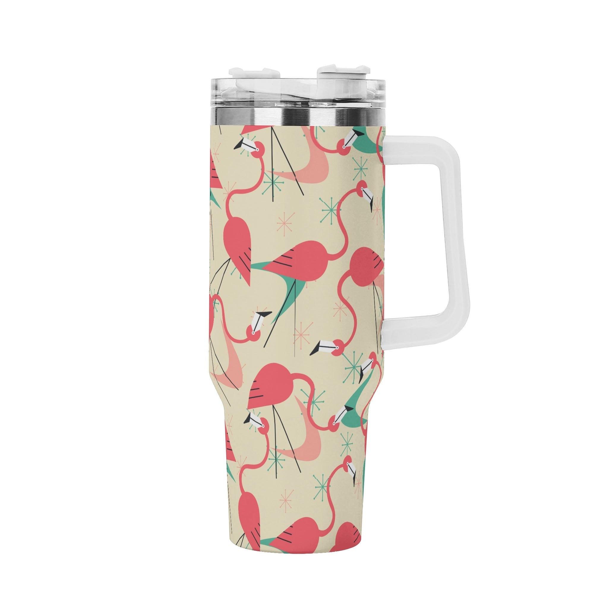 Dancing Retro Mod Kitschy Flamingos, Mid Mod 40oz Stainless Steel Tumbler Gift With White Handle and Straw - Mid Century Modern Gal