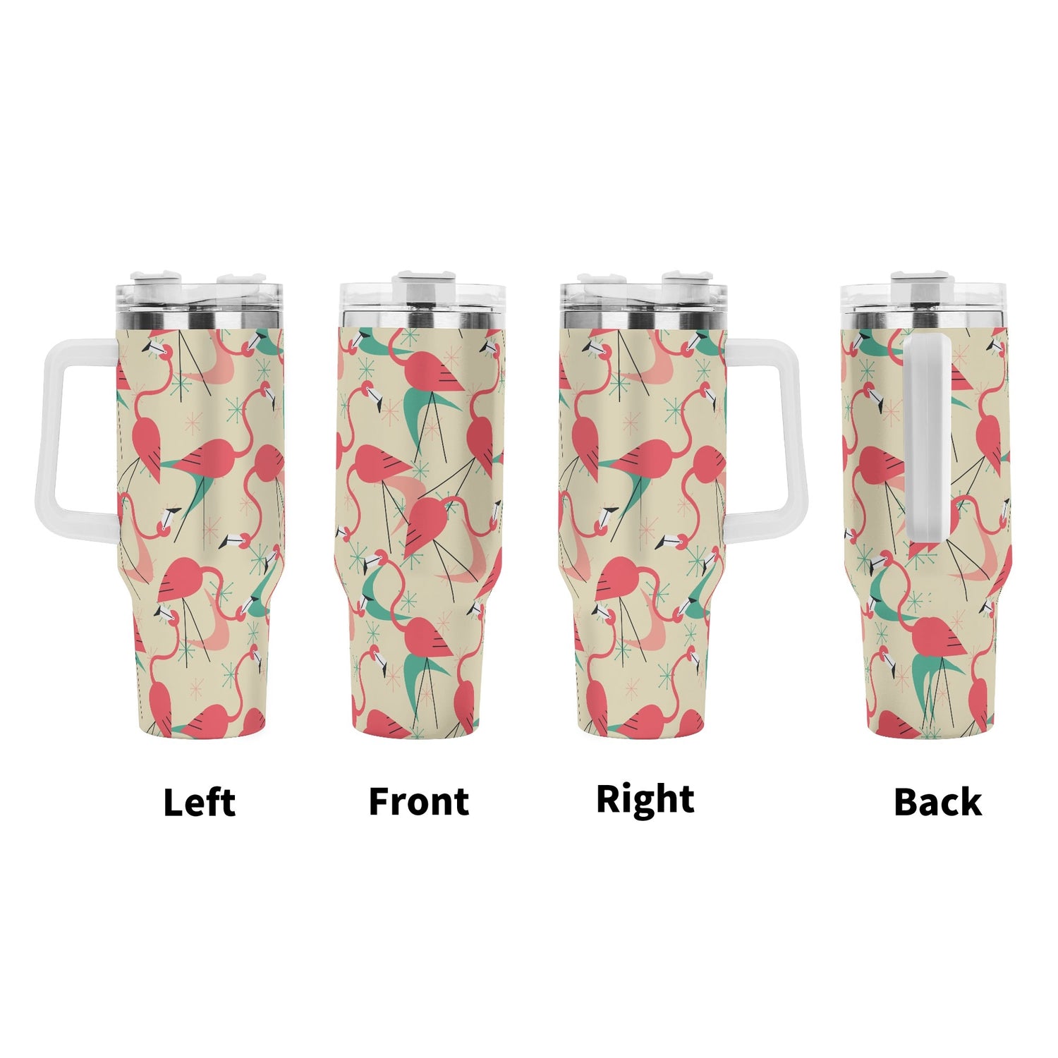 Dancing Retro Mod Kitschy Flamingos, Mid Mod 40oz Stainless Steel Tumbler Gift With White Handle and Straw - Mid Century Modern Gal
