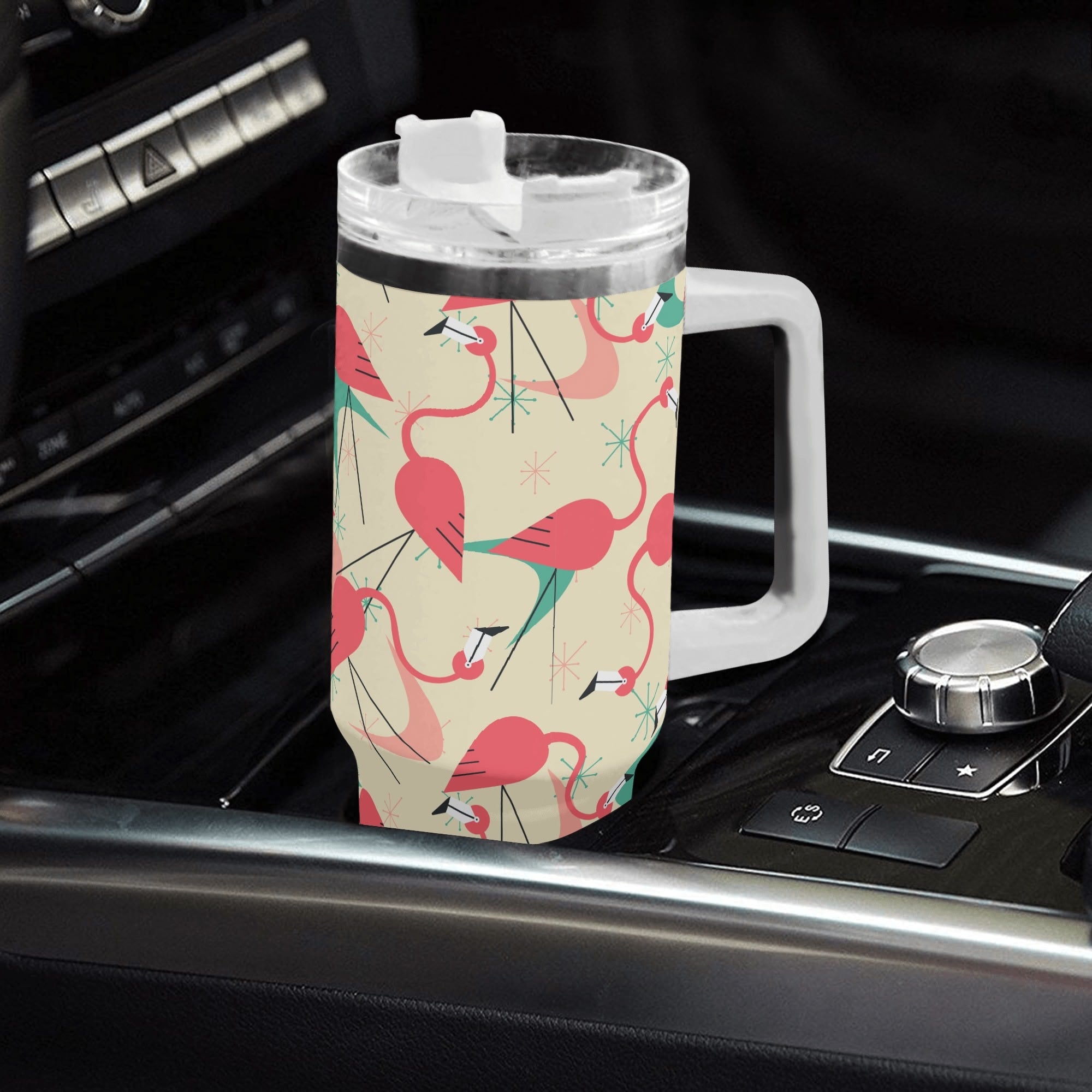 Dancing Retro Mod Kitschy Flamingos, Mid Mod 40oz Stainless Steel Tumbler Gift With White Handle and Straw - Mid Century Modern Gal