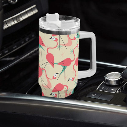 Dancing Retro Mod Kitschy Flamingos, Mid Mod 40oz Stainless Steel Tumbler Gift With White Handle and Straw - Mid Century Modern Gal