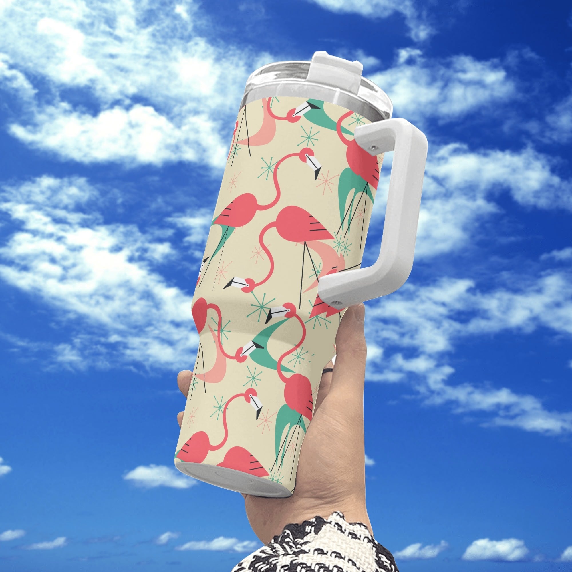 Dancing Retro Mod Kitschy Flamingos, Mid Mod 40oz Stainless Steel Tumbler Gift With White Handle and Straw - Mid Century Modern Gal