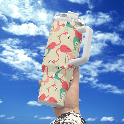 Dancing Retro Mod Kitschy Flamingos, Mid Mod 40oz Stainless Steel Tumbler Gift With White Handle and Straw - Mid Century Modern Gal