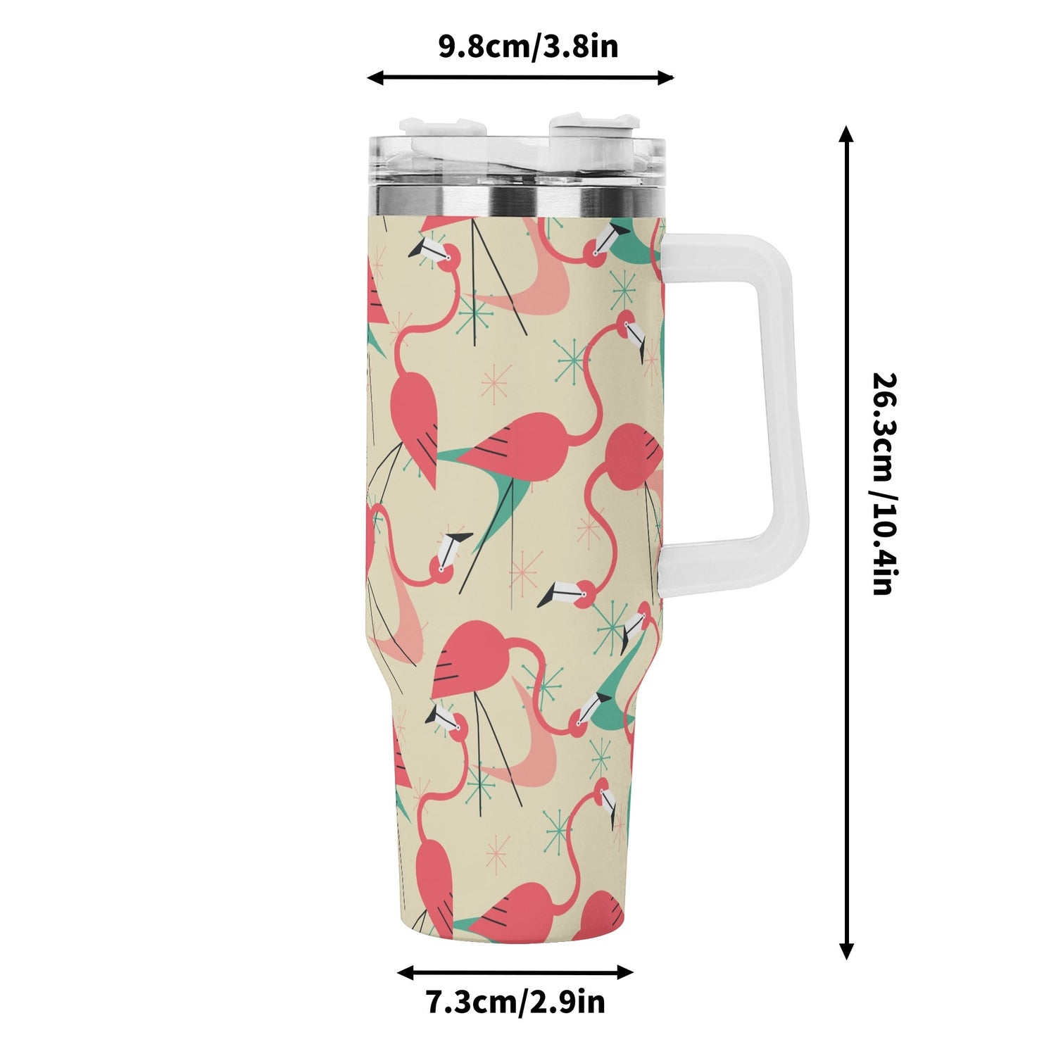 Dancing Retro Mod Kitschy Flamingos, Mid Mod 40oz Stainless Steel Tumbler Gift With White Handle and Straw - Mid Century Modern Gal