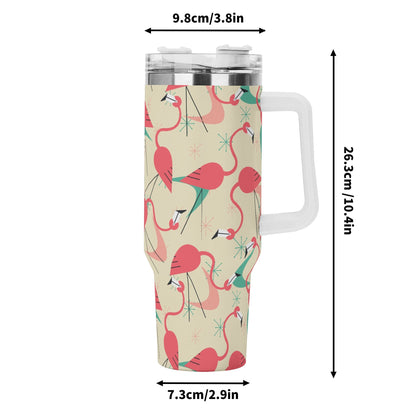 Dancing Retro Mod Kitschy Flamingos, Mid Mod 40oz Stainless Steel Tumbler Gift With White Handle and Straw - Mid Century Modern Gal