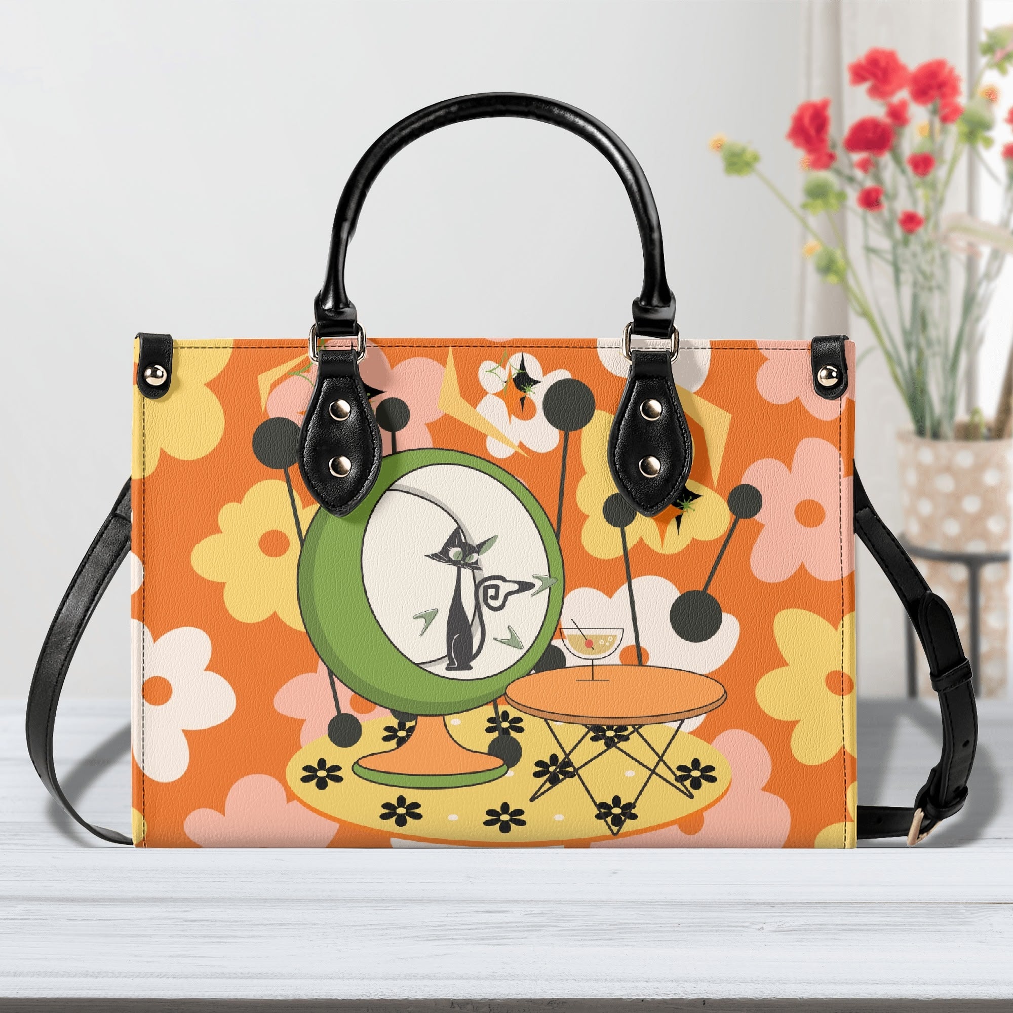 Mid Century Modern Gal Signature Atomic Cat, Retro Floral Summer Vibes Atomic Kitschy Handbag, Shoulder Bag - Mid Century Modern Gal